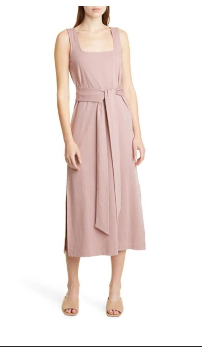 Vince Pima Cotton Square Neck Belted Midi Dress Mauve S